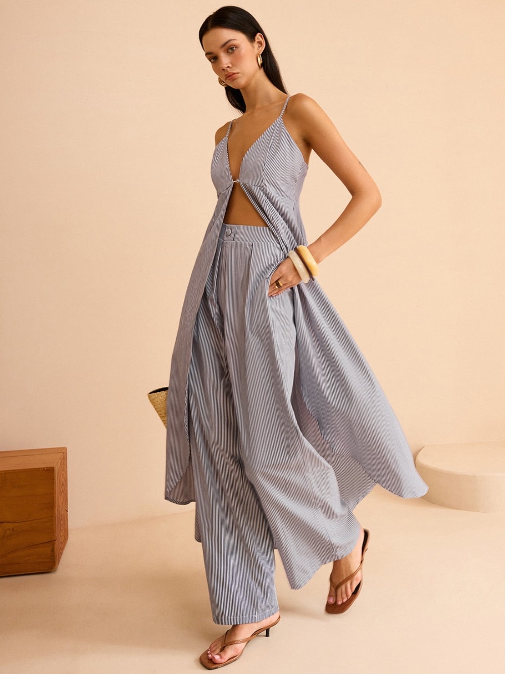 Commense Light Blue Striped Maxi Dress